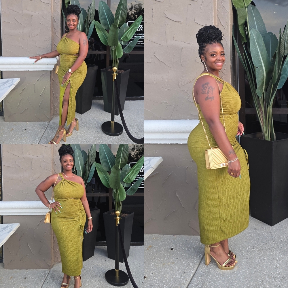 One-Shoulder Olive Green Ribbed Midi Dress